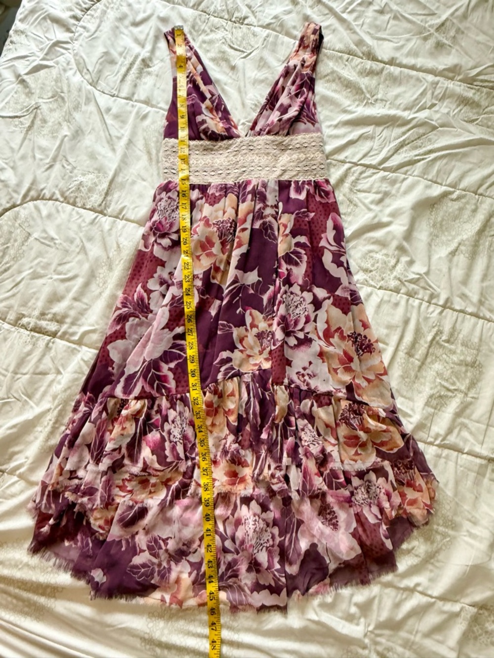Free People Floral Lace Boho Midi Dress Size 6 Purple Pink Tiered Ruffle V Neck - Picture 7 of 12